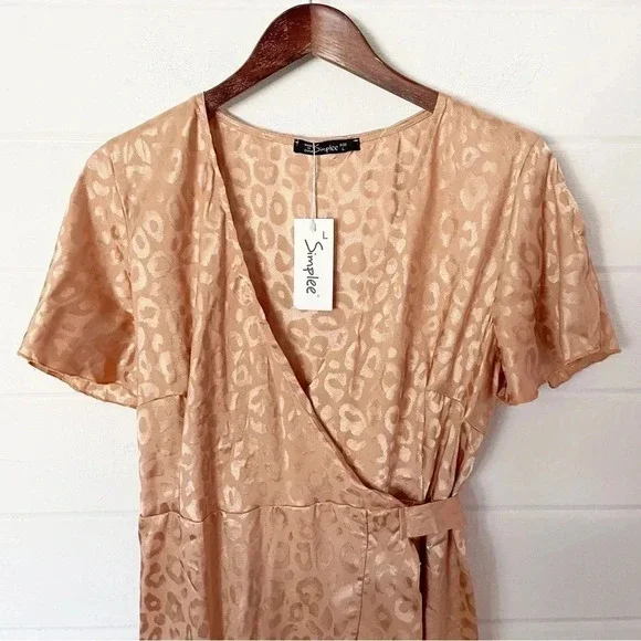 NWT Simplee Midi Animal Print Wrap Asymmetric Dress Size Large in Gold - Picture 10 of 13